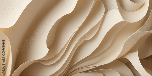 Minimalist abstract background with soft beige and cream colored smooth flowing waves, elegant layered 3d paper cut style texture