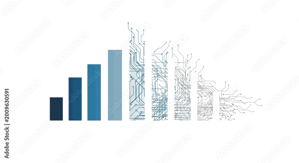 Fototapeta premium Digital Transformation Bar Chart - Data Growth to Circuit Board Transition