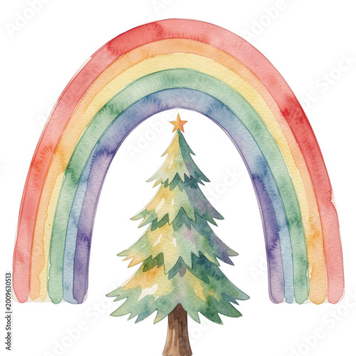 Watercolor Rainbow Arch with Small Tree Silhouette Isolated on Transparent Background