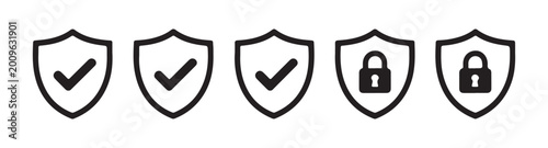 Cuadro en lienzo Set of five shield icons with check marks and closed padlocks, representing security and protection