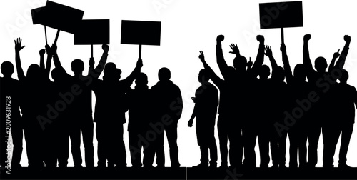 Black silhouettes of people protesting with signs