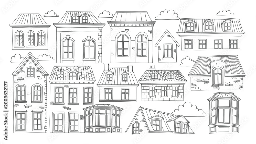 Naklejka premium Hand drawn outline houses, building facades, and roofs for residential architectural designs