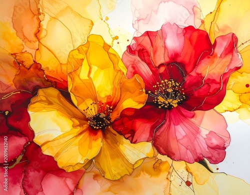 red and yellow flower, alcoholink art, 