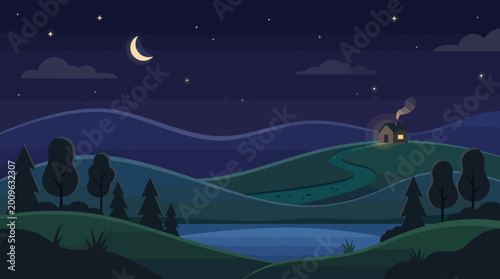 Quadro su tela Flat vector illustration of a peaceful rural landscape with lake and a small hou