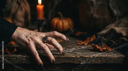 Witch hand with long black nails reaching across rustic table with pumpkin and candle, mystical occult setting for Halloween rituals and magic shop promotion