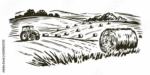 Bilde på lerret Farm landscape with tractor pulling hay bales monochrome sketch illustration on