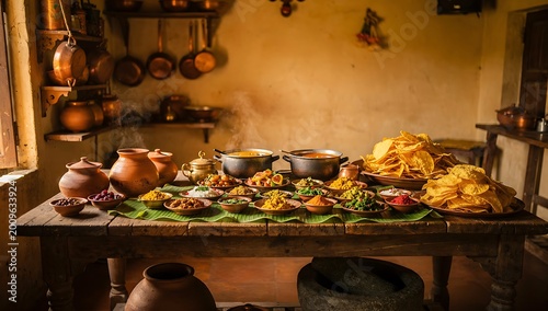 traditional onam sadya feast preparation in rustic kitchen with warm lighting and vibrant colors