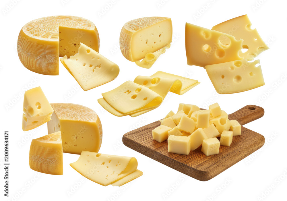 Fototapeta premium Assortment of yellow semi-hard cheeses shown as wheels, wedges, slices and cubes on a wooden board
