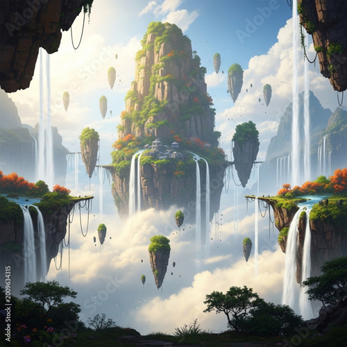 A sunlit summer landscape features a majestic fountain and waterfall cascading into a park pond under a clear blue sky, blending urban architecture with the serene nature of a city garden