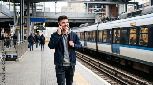 Cheerful young man traveler talking on smartphone at railway station platform with train in background happy tourist calling friend while waiting for transport