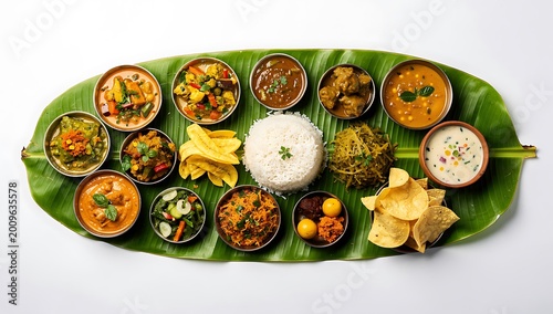 Traditional Onam Sadya feast served on banana leaf top view vibrant Indian festival celebration platter