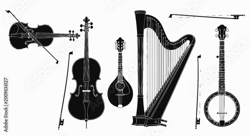 Vintage black silhouette string instruments vector set, cello harp banjo mandolin and violin icons, monochrome music logo elements for posters branding