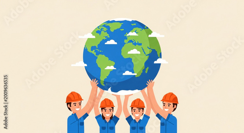 diverse construction team holding globe for global sustainability and unity concept