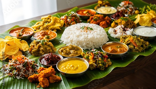 vibrant onam sadya feast on banana leaf with traditional kerala vegetarian dishes and curries