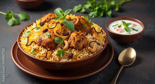 delicious chicken biryani with raita on wooden plate dark background food photography