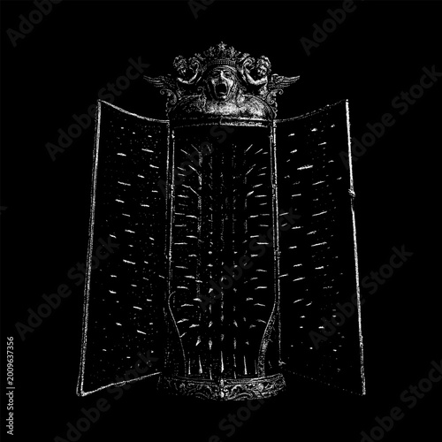 Fotografie PrintOrnate medieval Iron Maiden torture device vector illustration in a detailed black and white stipple and dot-work style