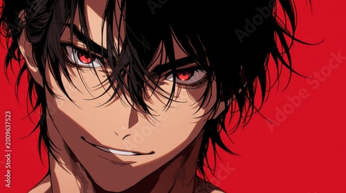 Anime male character with crimson eyes and messy black hair on red background