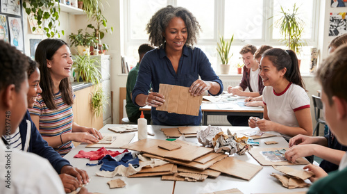 Art teacher guiding diverse students during classroom cardboard craft project creative learning teamwork hands on education concept in bright school studio with recycled materials in workshop