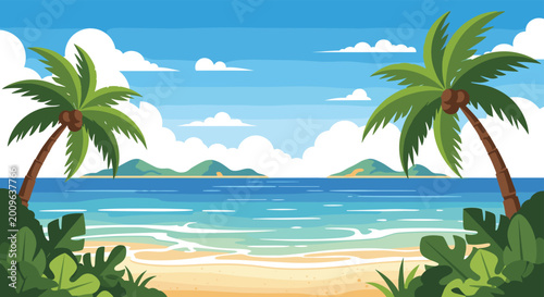 Beautiful tropical beach landscape featuring white sand, clear blue water, palm trees, and distant green volcanic islands.