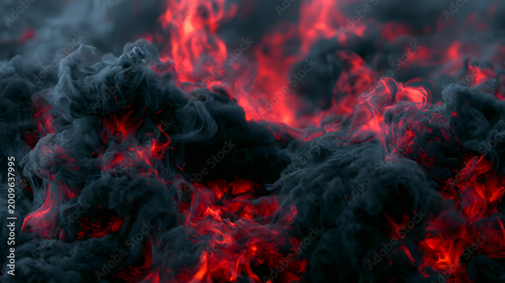 Fototapeta premium Charcoal smoke curls with burning red and orange embers in a dark dramatic abstract backdrop