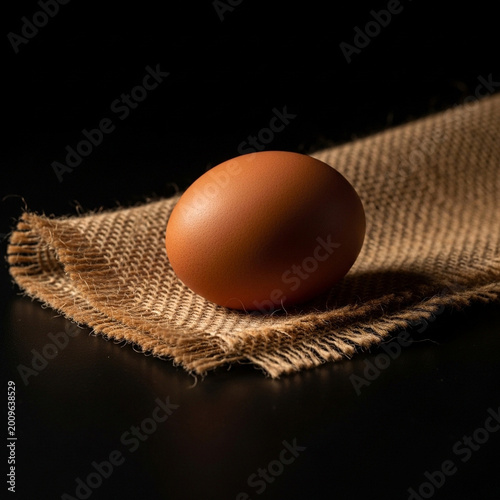 brown egg on burlap cloth in dark background