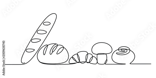 Bild auf Leinwand Fresh bread and pastry assortment in one continuous line art