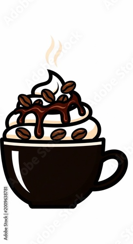 Decadent Chocolate Drizzle Coffee Cup with Steaming Whipped Cream & Beans