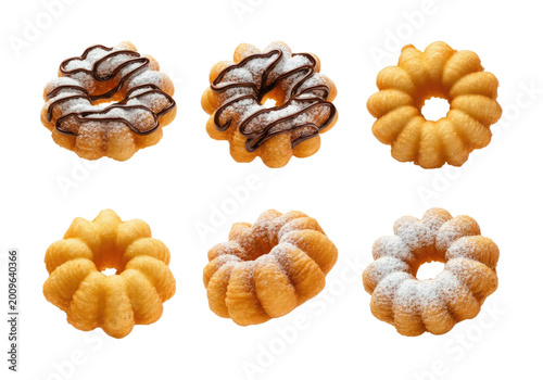 Six fluted ring cruller donuts arranged in two rows, golden and ridged, some dusted with powdered sugar and two topped with chocolate drizzle on a transparent background