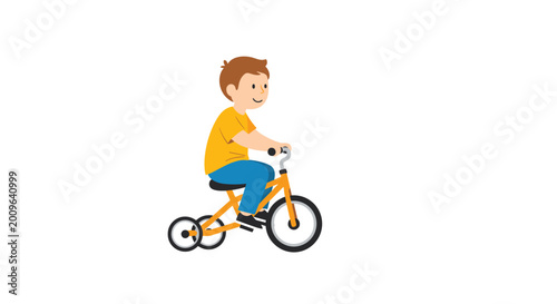Happy young boy with brown hair riding a bright yellow tricycle on a white background, representing active childhood play and outdoor fun for kids.