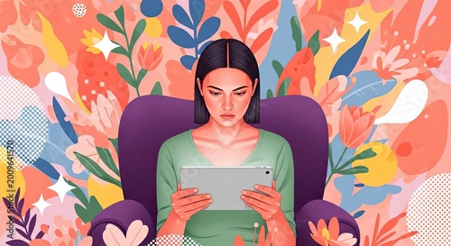A young woman sits in a purple armchair, intently focused on a tablet. She is surrounded by a vibrant, abstract background filled with colorful floral and geometric patterns.