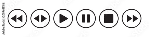 Free Download Horizontal row of circular media control buttons featuring rewind skip play pause stop and fast forward. - GFXLoad