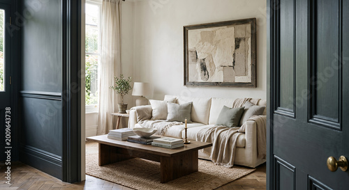A beautifully styled living room with a neutral palette, featuring a comfortable sofa adorned with cushions and throws, a wooden coffee table with books and a decorative bowl