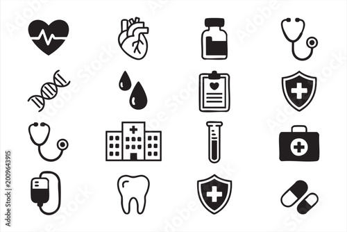 Bild auf Leinwand Medical healthcare and hospital icon set with heart dna blood stethoscope syring