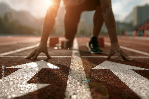 Runner feet with glowing motion trails speeding across track, perfect for fitness, speed, sports action and athletic energy themes.
