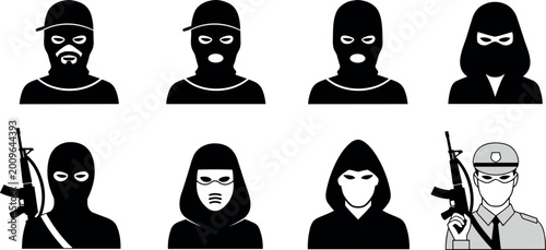 Фотография Criminal and masked characters vector illustration set, silhouettes of robbers,