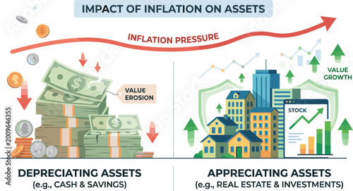 Φωτογραφία Impact of inflation on assets infographic comparing depreciating cash value erosion versus appreciating real estate and investment growth