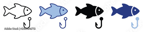 Simple fish and fishing hook icon set in various styles for marine and fishing related applications