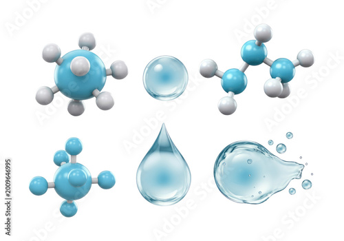 Glossy 3D rendered water molecules and various water droplets, showing molecular models, spheres, droplets and a splash in pale blue