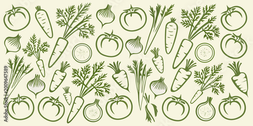 Schilderij op canvas Botanical illustration of tomatoes carrots garlic and parsnips on a cream backgr