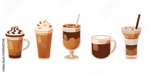 Bilde på lerret various coffee drinks in glasses and cups vector illustration