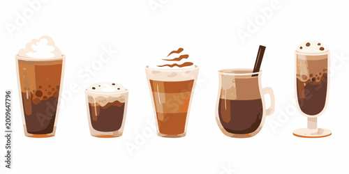 Tableau sur toile various coffee drinks in glasses vector illustration isolated on white