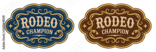 Foto Rodeo champion cowboy emblem featuring bull rider medal and ornate typography in vintage western belt buckle style vector design for ranch branding and prints