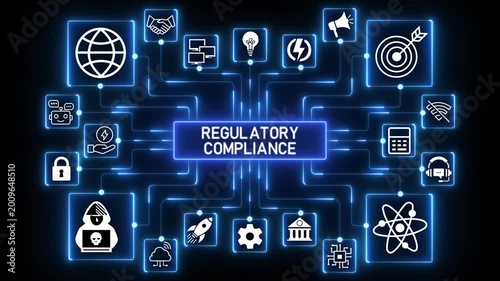 Compliance framework visualized: Checks and balances ensuring data security, policies and regulatory adherence in digital operations.4k Animation.