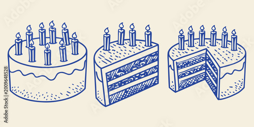 hand drawn birthday cakes with lit candles sketch style illustration on a cream background