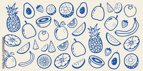 Foto Collection of hand drawn fruits including pineapple avocado strawberry and kiwi
