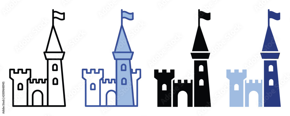 Fototapeta premium Fairytale castle icon with flag and tower in outline and solid versions for apps and storybooks
