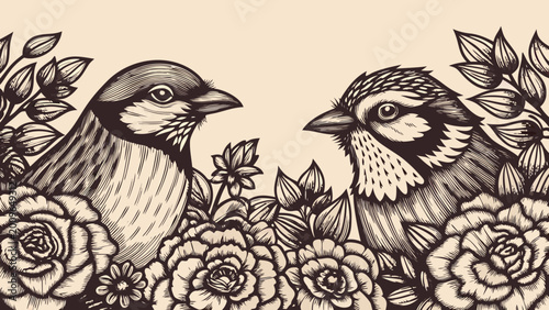Photography Two birds among roses vintage ink drawing illustration