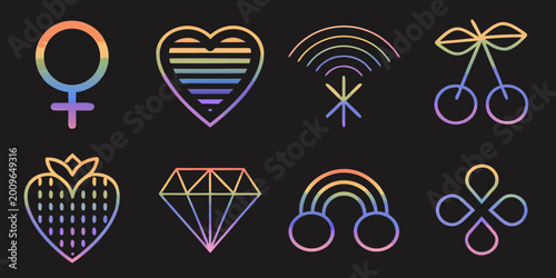 Fotografía queer pride symbols colorful line icons on black background