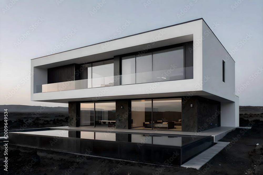 Fototapeta premium Architectural visualization of a modern villa utilizing black volcanic stone and white self-healing concrete