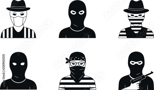 Fotografia Masked criminal characters vector illustration set, robber and gangster silhouet